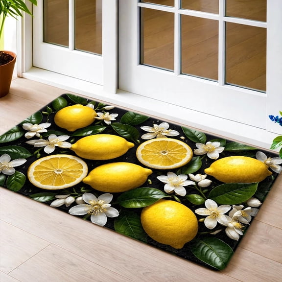 Black Background Lemon Print Doormat, Made Of Soft Flannel Fabric With A Non-Slip Backing, Is Ideal For Kitchens, Entryways, And Brightening Up Any Home Space. Features A Stunning Realistic Design Wi