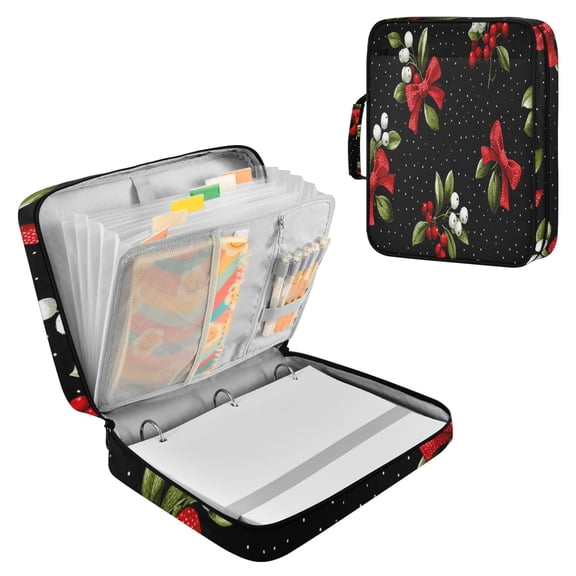 Black Background Mistletoe Tie with Bows Christmas Accordion File Organizer Expanding File Folder 3-Ring Binder Bag 500 Sheets A4 Size