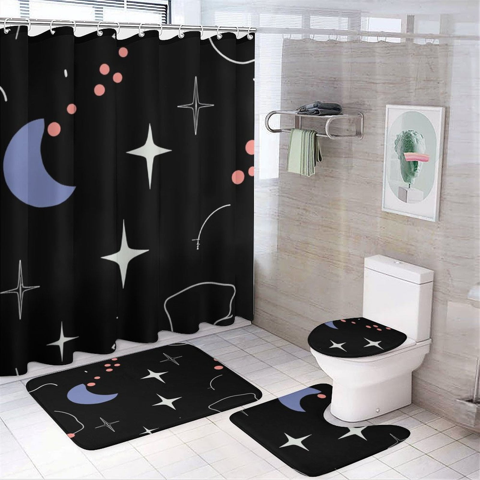 Moon Star Print Pattern Bathroom Shower Curtain