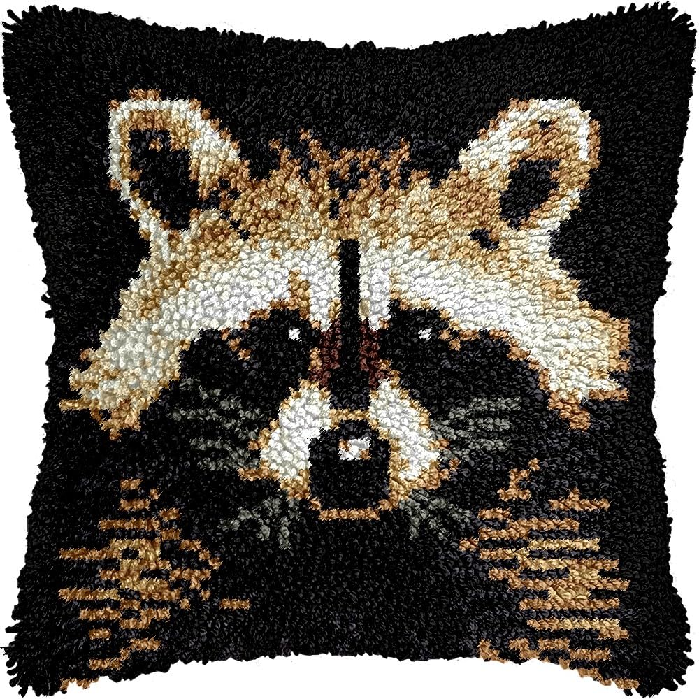 Raccoon Latch Hook Pillow Kits for DIY Handmade Throw Pillow Cushion Embroidery Latch Hooking Pillowcase Kits with Preprinted Canvas Crochet Yarn Kits 17''X 17''(g204)