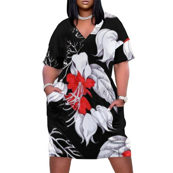 Black Background Red White Flowers Summer Sundress for Curve Women Casual Pattern Plus Size V Neck Short Sleeve Loose Fit Oversize Dresses