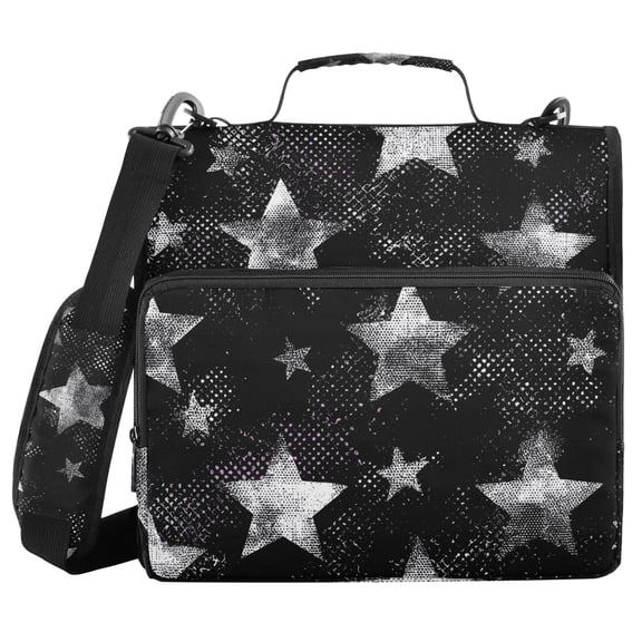 Black Background Silver Graffiti Stars Binder Bag with Shoulder Strap 3 Ring Zipper Binder File Folder Document Storage