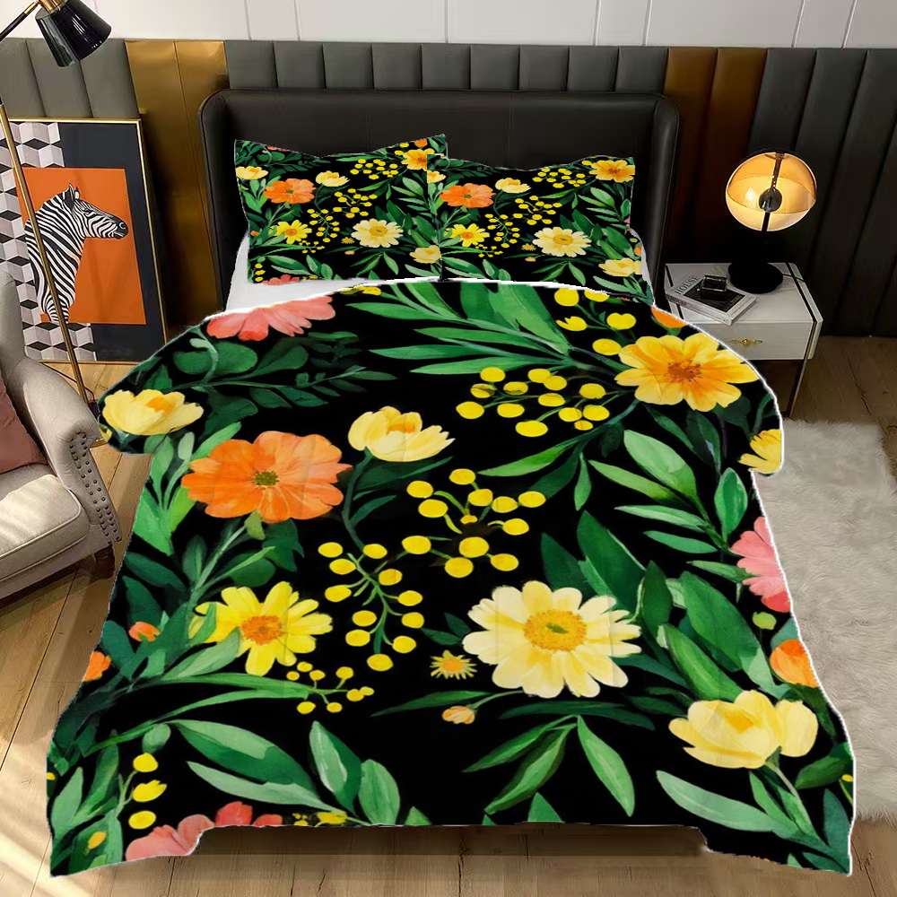 Black Background Vibrant Floral Print Comforter Set King Size Bedding ...