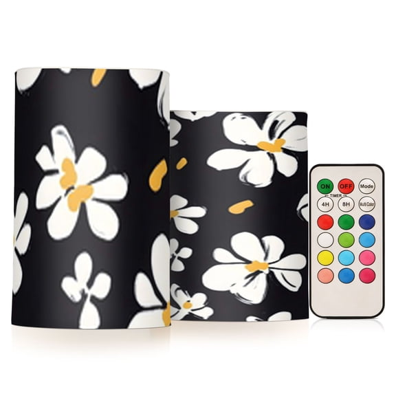 Black Background White Flower Flickering Flameless Candles Battery Operated with Remote Timer LED Pillar Candles Set of 2