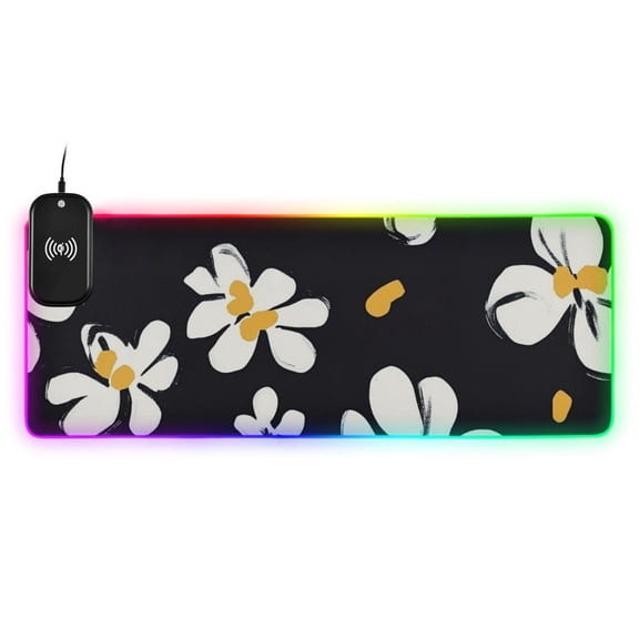 Black Background White Flower Wireless Charging RGB Gaming Mouse Pad Large Keyboard Mat Rubber Base 13 Light Modes