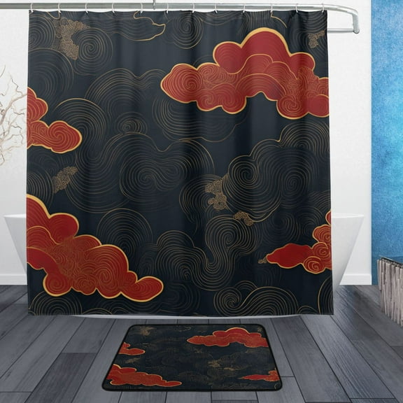 Black Background with Red Clouds Bathroom Accessory Sets Waterproof Shower Curtain with Anti-Slip Bath Mat Durable Combo