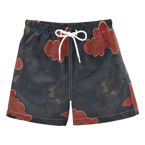 Black Background with Red Clouds Boys' Swim Trunks Beach Pool Shorts Quick Dry Soft Fabric Classic Fit