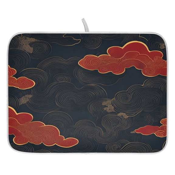 Black Background with Red Clouds Dish Drying Mat for Kitchen, Quick Drying Absorbent Soft Durable 18 x 24"