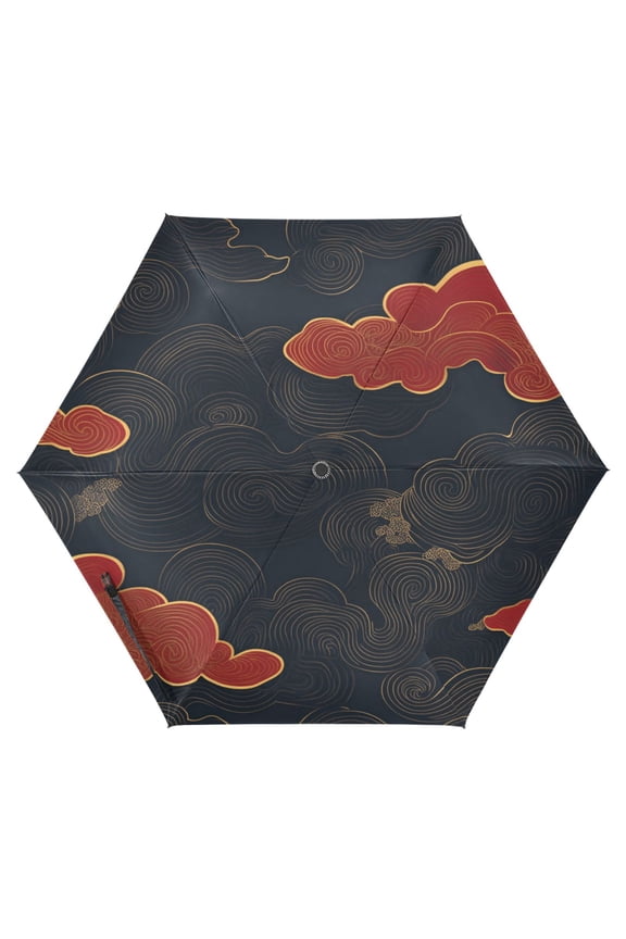 Black Background with Red Clouds Folding Umbrella UV50+ Waterproof Sun Protection Auto Open Close Compact Fiberglass Frame