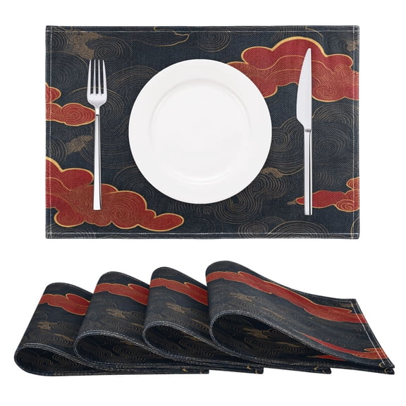 Black Background with Red Clouds Reversible Placemat Set of 4 Non Slip Coffee Mats 18x12 Inch for Dining, Kitchen, Coffee