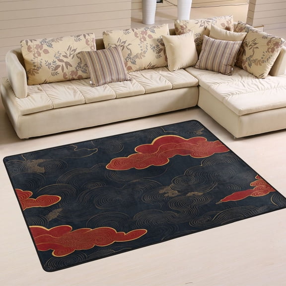 Black Background with Red Clouds Soft Polyester Area Rug 36''x24'', Non Slip, Memory Foam, Water Absorbent