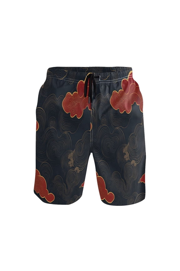 Black Background with Red Clouds X-Large Size Men's Lightweight Beach Shorts with Mesh Lining, Quick Dry