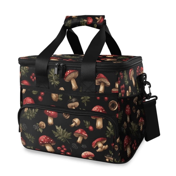 Black Background with Red Mushrooms Insulated Lunch Bag 15L Cooler Box for Women Men Work Camping Beach Travel
