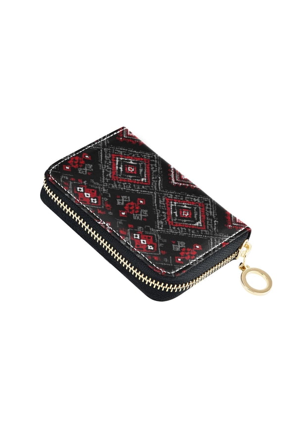 Black Background with Red Square Women's Credit Card Holder PU Leather Zipper Wallet RFID Blocking