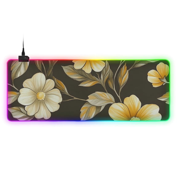 Black Background with Yellow Daisies RGB Gaming Mouse Pad Large Keyboard Mat Rubber Base 13 Light Modes