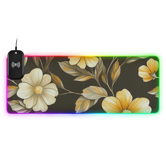 Black Background with Yellow Daisies Wireless Charging RGB Gaming Mouse Pad Large Keyboard Mat Rubber Base 13 Light Modes