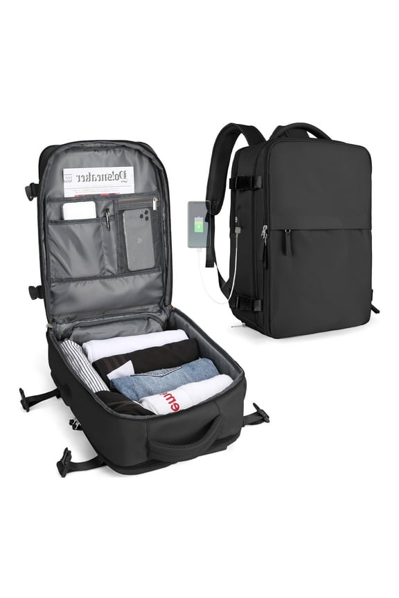 Black Backpack for Women Men, Airline Approved Carry On Backpack for Everydayon Airplane,Small Laptop Backpack with Shoe Compartment Hiking Waterproof Casual Daypack Large School Bag