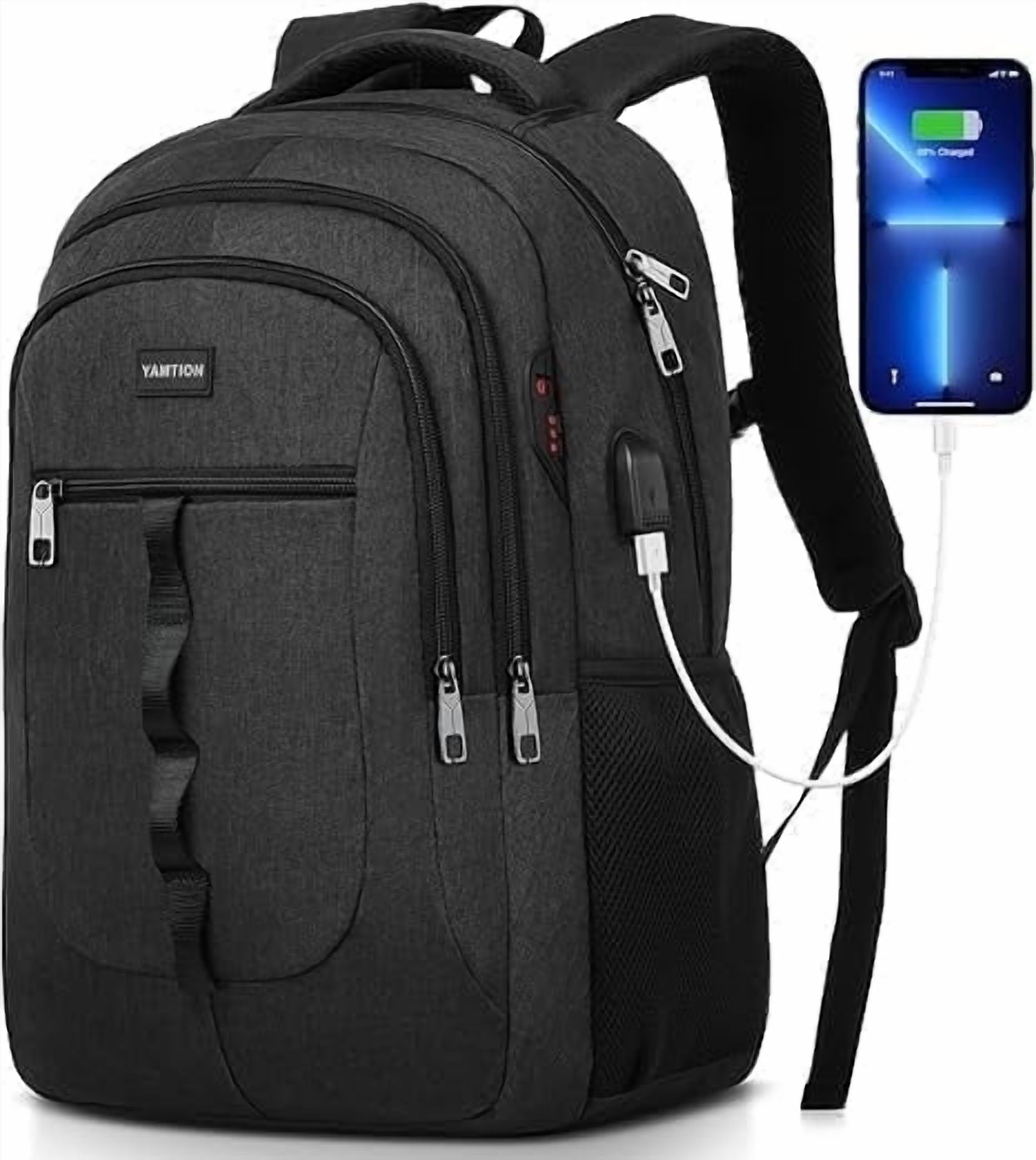 Black Backpack for Men ,School Bookbag for Teen Boys Laptop Backpack with USB for Collge Travel  Work Business