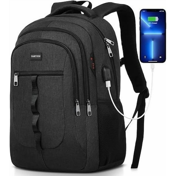 Black Backpack for Men ,School Bookbag for Teen Boys Laptop Backpack with USB for Collge Travel  Work Business