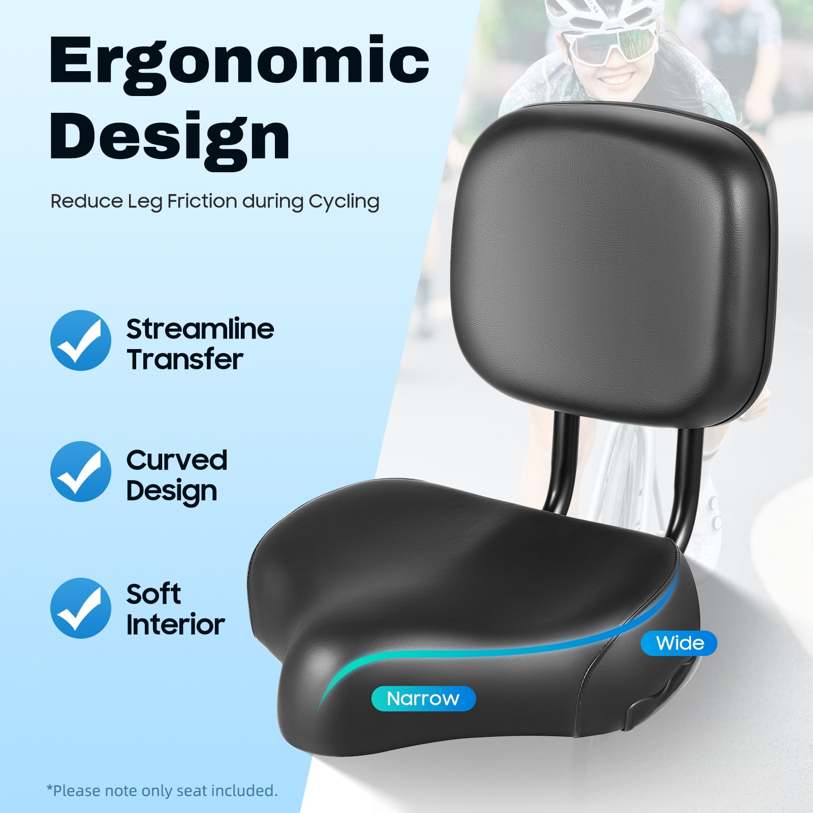 Black Backrest Bike Seat for Adults of Most Heights and Weights, High ...