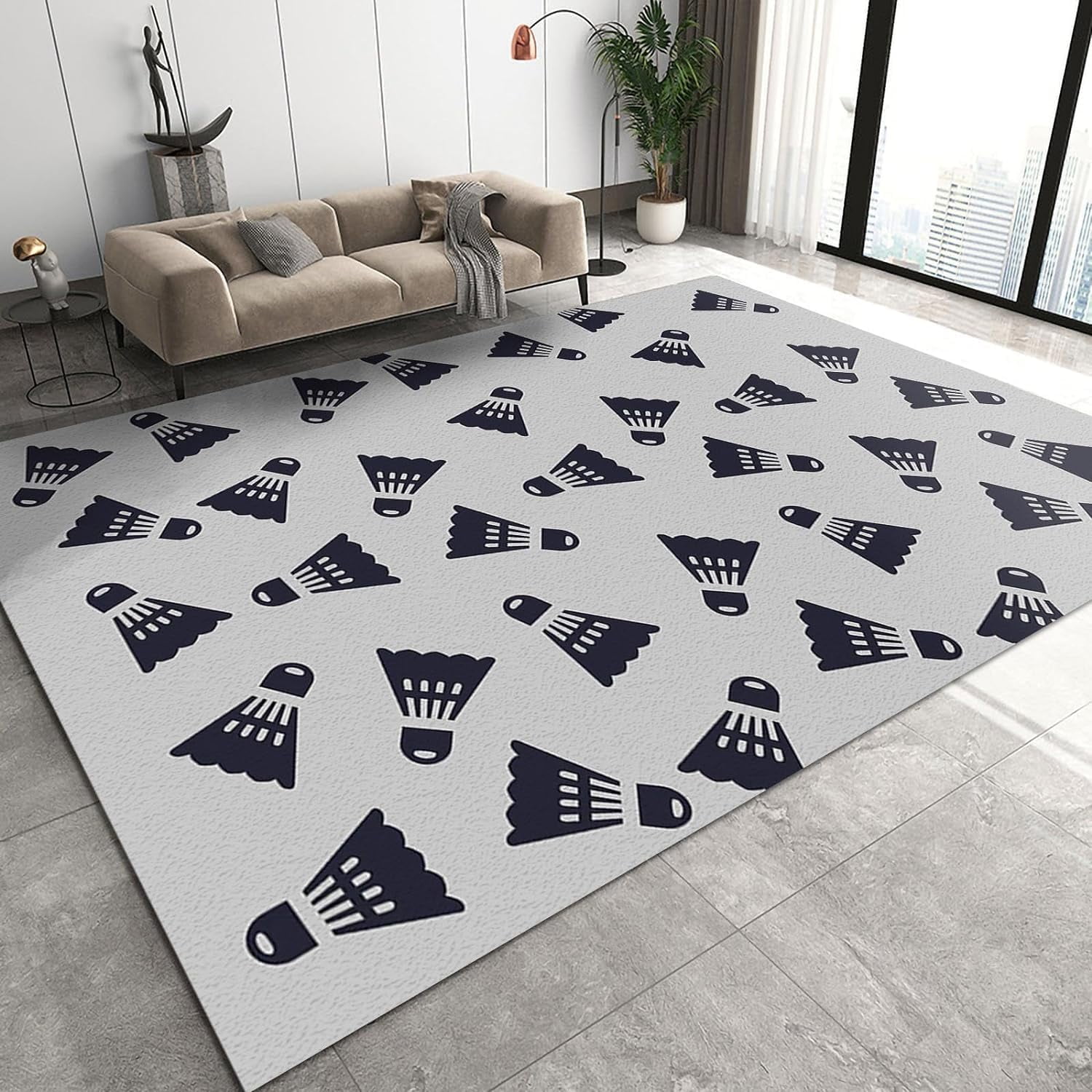 Black Badminton Pattern Area Rug, Gray Fitness Sports Home Decor Rugs