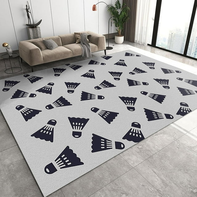 Black Badminton Pattern Area Rug, Gray Fitness Sports Home Decor Rugs