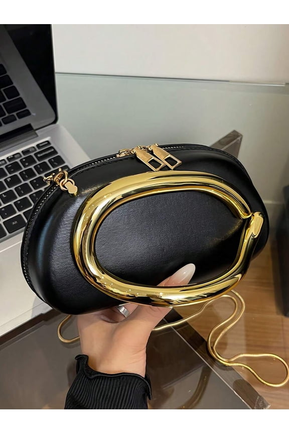Black Bag With Gold-Tone Oval Frame Evening Handbag