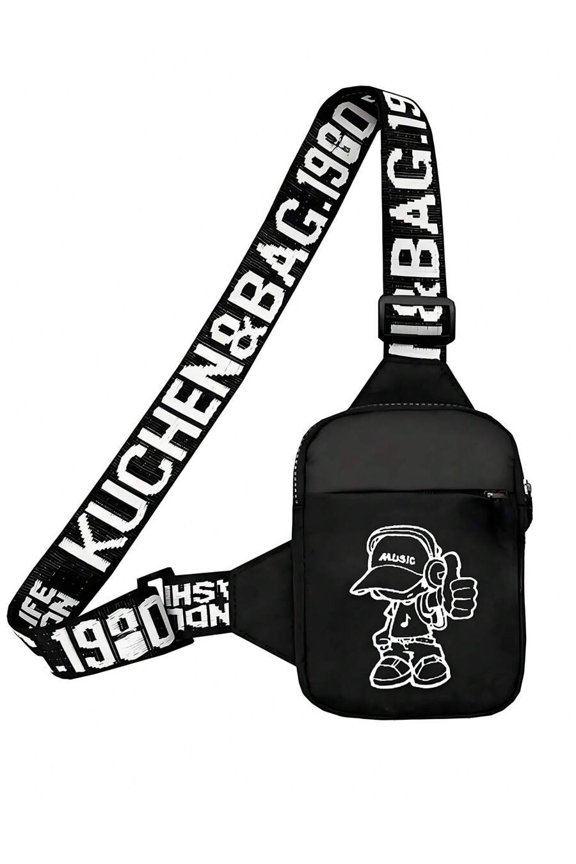 Black Bag With Graphic Print Adjustable Strap Compact Fanny Pack
