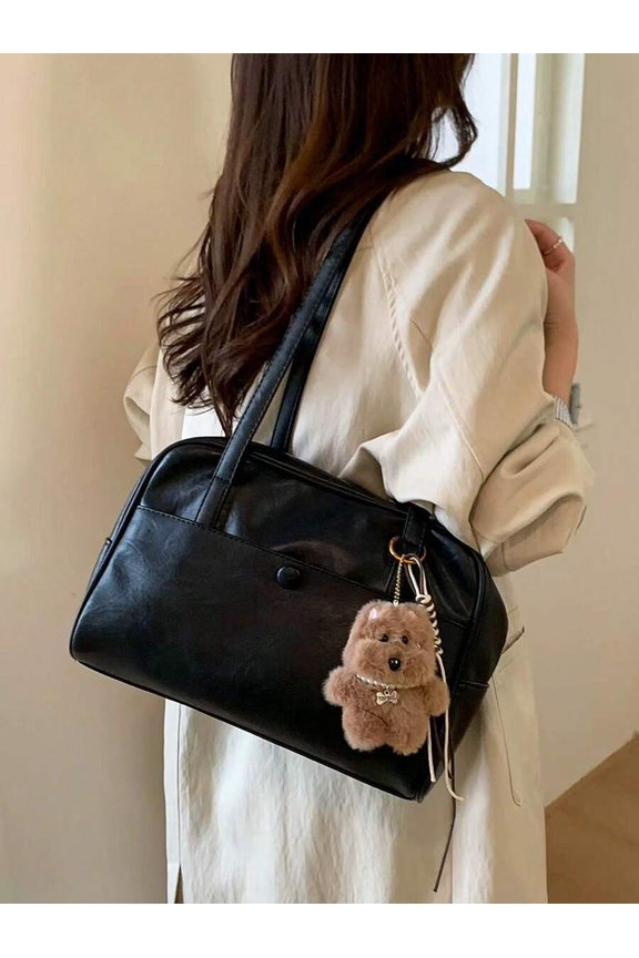 Black Bag With Plush Bear Charm, Over-The-Shoulder Crossbody For Daily