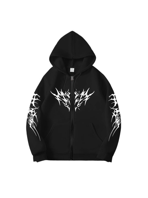 Black Baggy Mens Hoodies Zip Up Gothic Hoodie Oversized Y2K Hoodie Streetwear Gym Y2K Clothes for Men & Alternative Street Fashion