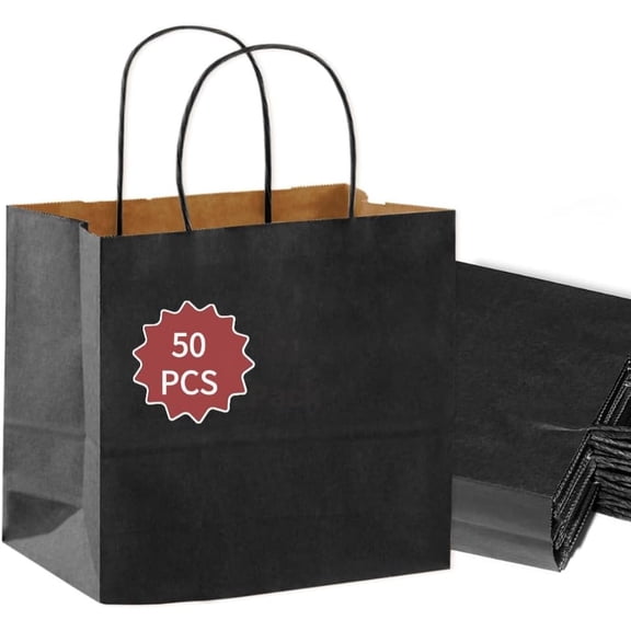 Black  Bags 50Pack 13x7x14 Inch Paper Bags Durable, with Handles, , Bulk, for Shopping, for Retail, for Merchandise Packaging