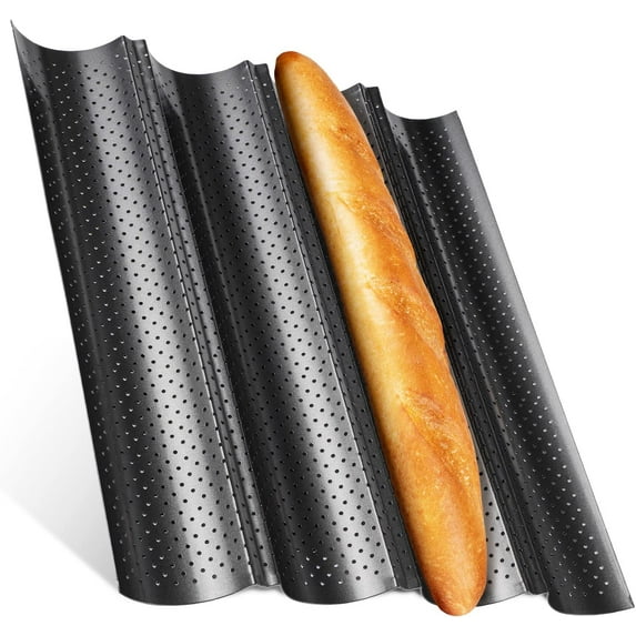 Black - Baguette Mold, Carbon Steel Baguette Mold, Oven Loaf Baguette Mold, Dishwasher Safe Perforated Baguette Mold, Perforated Baguette Mold Kit, Baguette Mold, 4 Compartments (1 item)
