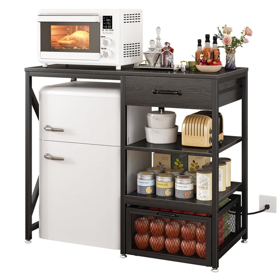 Black Bakers Rack with Drawer, Power Outlet & Adjustable Shelves