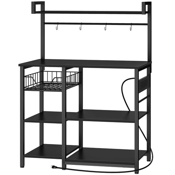 Black Bakers Rack with Power Outlet, 35.4 Inch Kitchen Storage Shelf