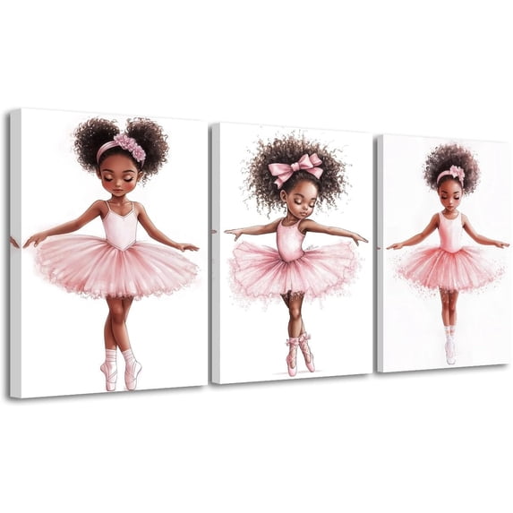 Black Ballerina Wall Art Set of 3 Afro Ballerina Nursery Decor African American Canvas Pink Ballet Prints Black Girls Dancer Picture for Girls Room (Black, 12x16inchx3 Pieces)