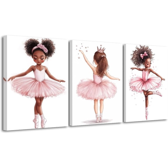 Black Ballerina Wall Art Set of 3 Afro Ballerina Nursery Decor African American Canvas Pink Ballet Prints Black Girls Dancer Picture for Girls Room (Brown, 12x16inchx3 Pieces)