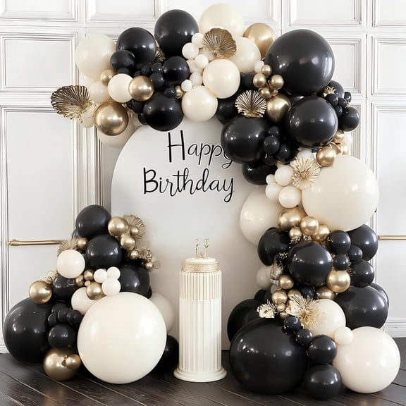 Black and Balloon Arch Kit, Double Stuffed 129 count and Black Balloons Garland with Black White Sand Balloons for Wedding Birthday Event Year's Party Decoration