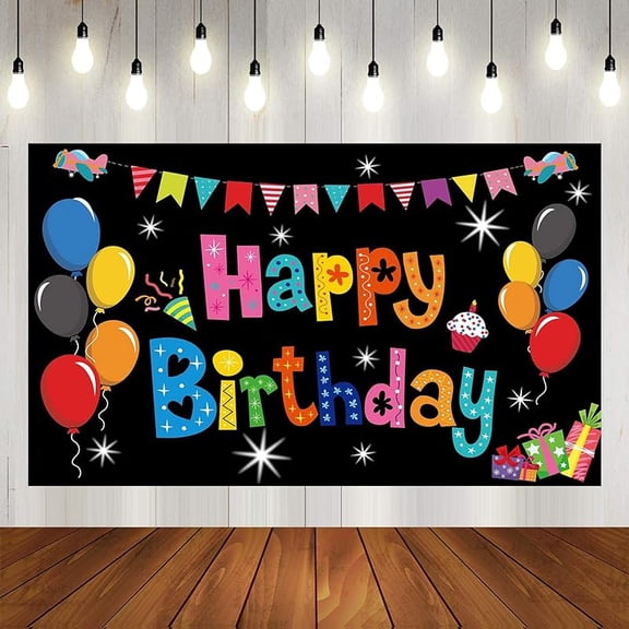 Black Balloon Birthday Party Backdrop Colorful Black Happy Birthday Banner Photography Background for Home Decorations Party