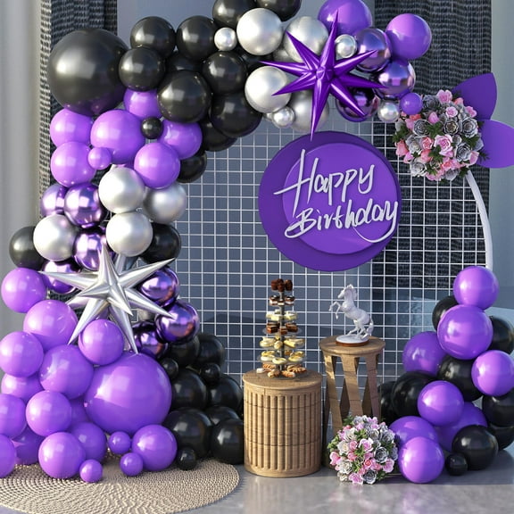 and Black Balloon Garland Arch KKS1Kit, Black Silver Balloon Arch Kit with 2PCS 4D Foil Star 18/12/10/5 inch Latex Balloons for Halloween Birthday Graduation Themed Party Decorations