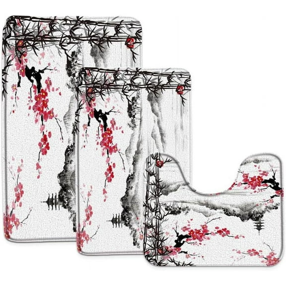 Black Bamboo 3 Piece Bath Mat Japanese Red Plum Asian Misty Mountains Abstract Traditional Ink Painting Chinese Oriental Cherry Blossom Nature Landscape Art Decor Bathroom Rugs, U-Shaped Area Rug