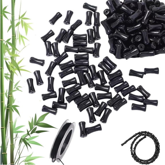 Black Bamboo Beads - 12mm Transparent Bamboo Joint Craft Beads, Natural Black Agate Stone Bamboo Shape Gem Beads for DIY Necklace Bracelet Earring