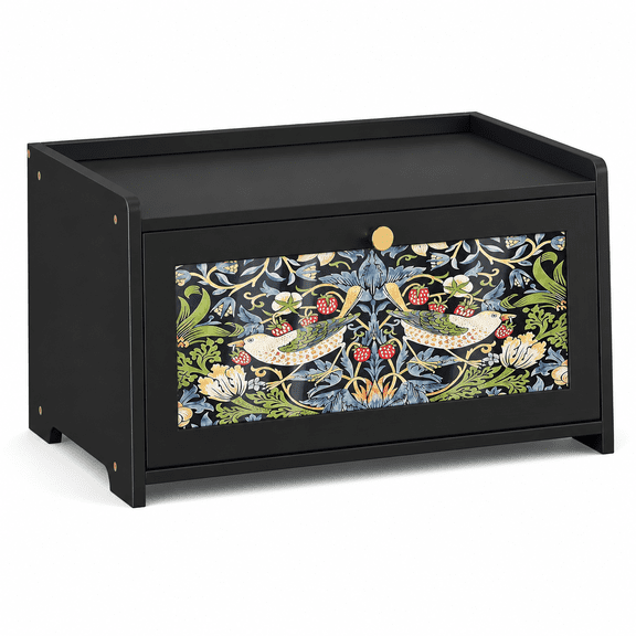Black Bamboo Bread Box with Floral Bird Acrylic Door, Farmhouse Countertop Bread Storage Container, 15.75 x 9.84 x 8.66 in