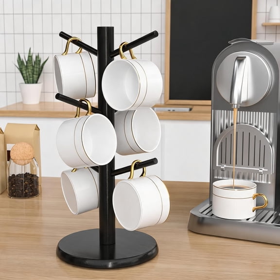 Black Bamboo Coffee Mug Tree with 6 Hooks