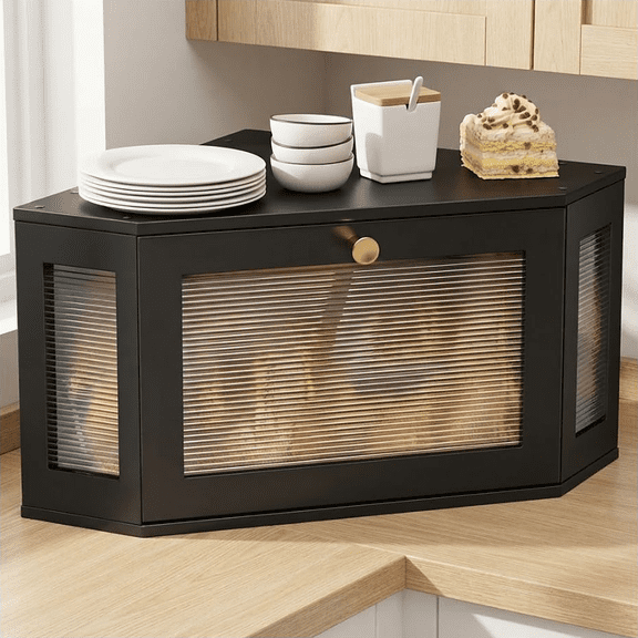 Black Bamboo Corner Bread Box for Kitchen Countertop, Small Vintage Storage Container and Organizer with Acrylic Window and Magnetic Latch, 11 by 11 by 7.87-Inches