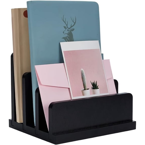 Black Bamboo Countertop Mail Holder with 4 Different Sizes Slots Rectangle Bamboo Mail Organizer Vertical Desk Letter/File/Paper/Folder/Bill Holder