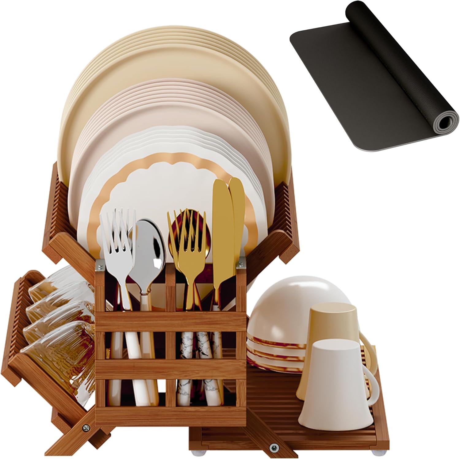 Black Bamboo Dish Drying Rack with Utensil Holder, 2 Tier Collapsible ...