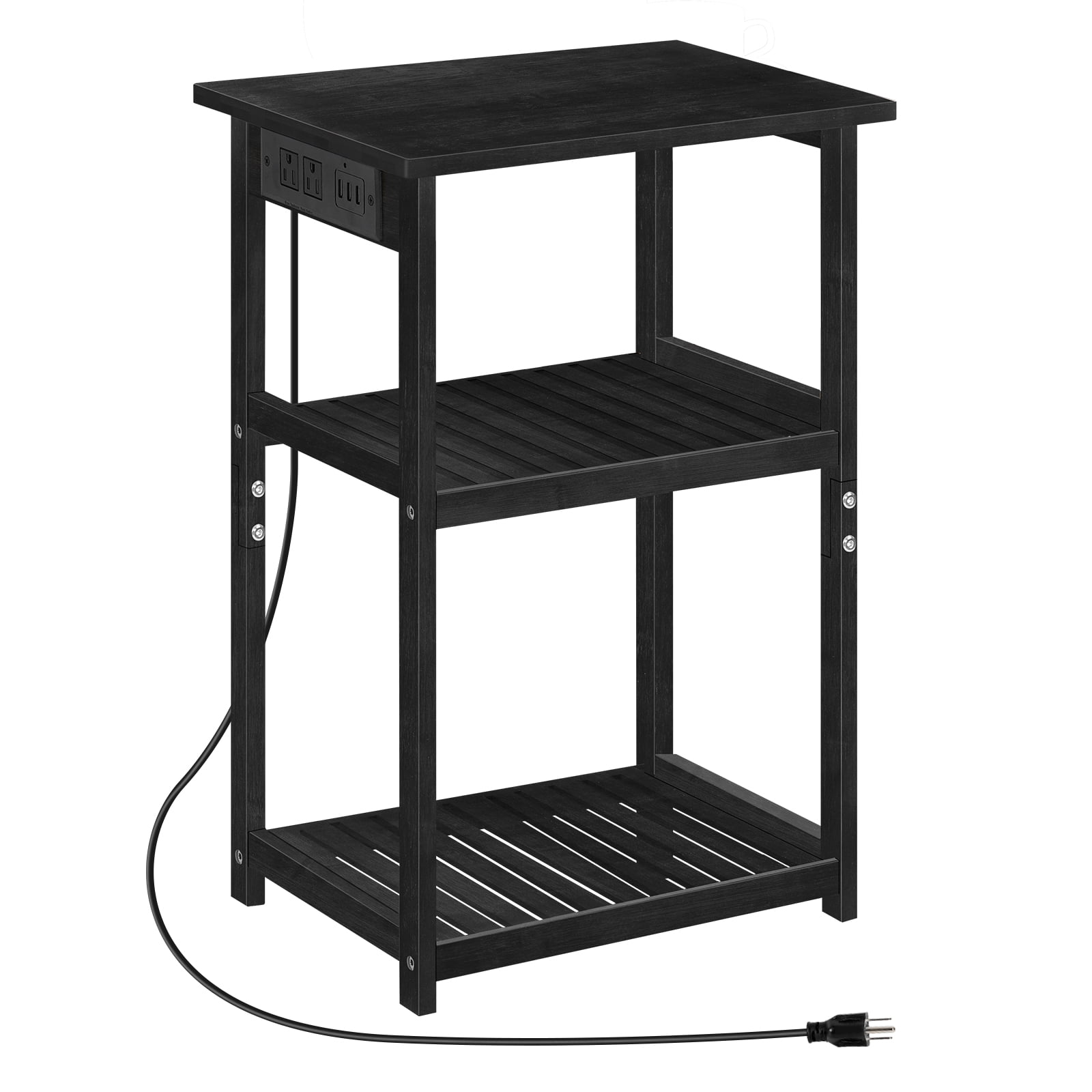 Black Bamboo Nightstand with Charging Station, 3鈥慣ier Open Shelf End Table for Bedroom Living Room