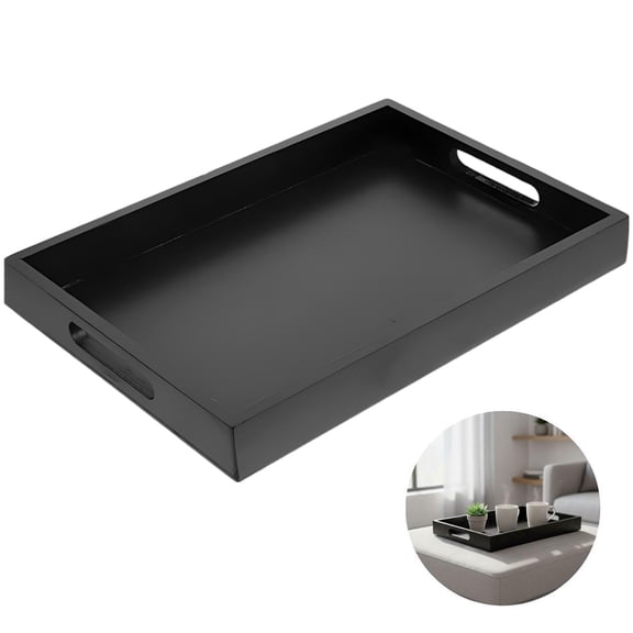 Black Bamboo Wood Serving Tray, 16.14 x 12.2 x 1.38 in Rectangle Platter with Recessed Handles, Sturdy Ottoman Tray for Coffee, Tea, Drinks, Food, and Decorative Displays