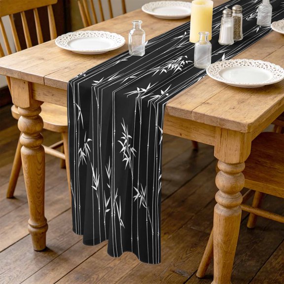 Black Bamboos 4.5ft Cheesecloth Table Runner for Wedding 19"x55", Minimalist White Bamboos Stems Leaf Kitchen Dinner Sheer Tulle Chiffon Dresser Scarf, Holiday Party Decorations