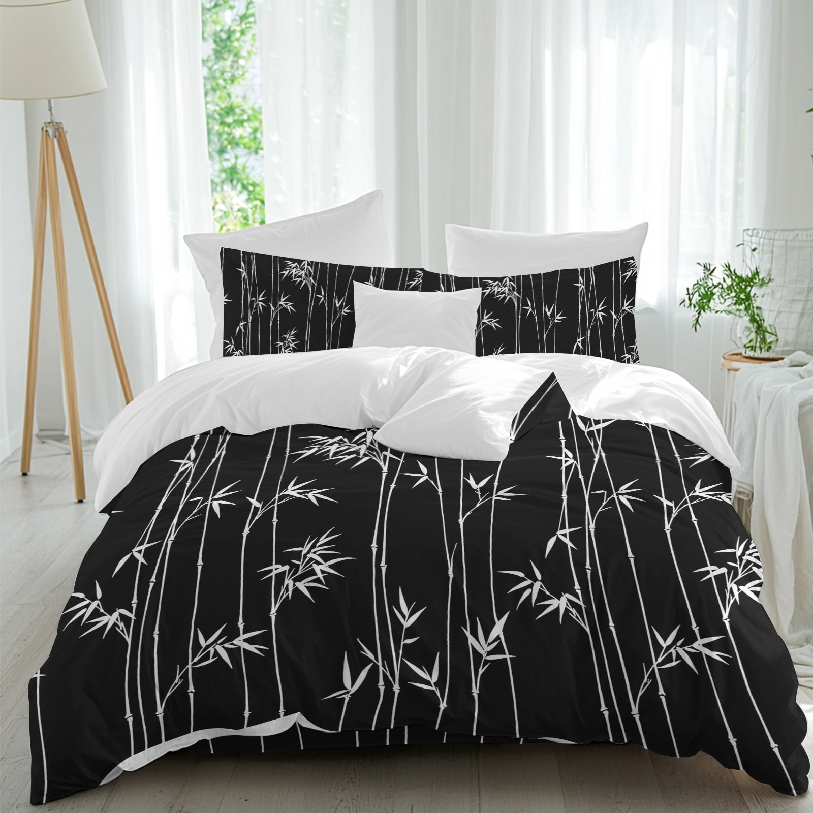Black Bamboos 4 Piece Duvet Cover Set Queen Size Minimalist White Bamboos Stems Leaf Soft Bedding Set Comforter Cover, 1 Duvet Cover 1 Flat Sheets and 2 Pillowcases